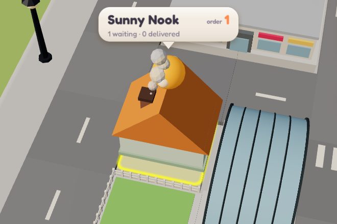 A house with an order pin and a card showing its waiting and delivered orders.