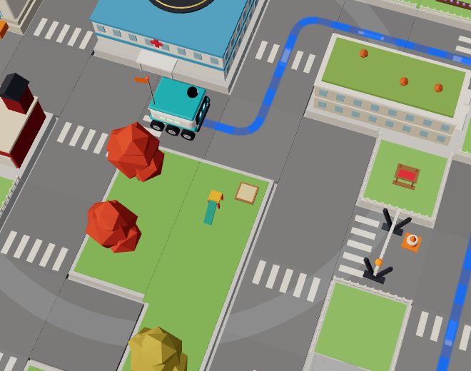 A roadblock on a street, with the robot's route bending around it.