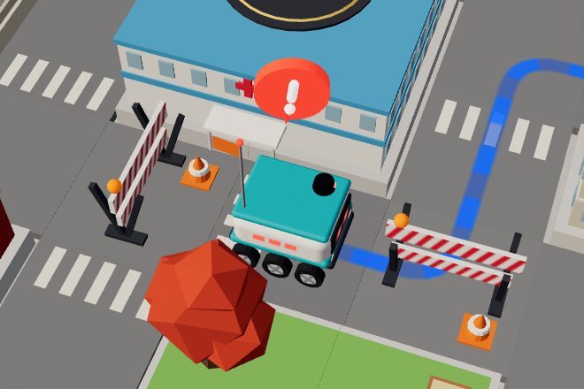 The robot boxed in by roadblocks, with a red exclamation mark above it.